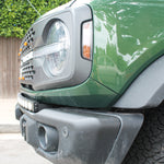 side view green 2022 bronco capable bumper with led light bar installed on top for off roading