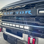 Ford Bronco Raptor 30in Light Bar on front bumper of 2021+ Ford Bronco Raptor with integrated LED bar, black powder-coated bracket, sleek built-in look