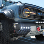  ford bronco raptor with white led light bar on bumper and roof plus fog lights