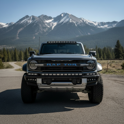 Ford Bronco Raptor Light Bar Extension for 2021+ — rugged off-road truck with 12in light bars PRO, fitting Modular bumper only, shown on a Bronco in mountain landscape