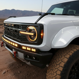 Bronco Raptor Lightbar kit: 40in curved LED light bar with 12in extension on a Ford Bronco Raptor (2021+), slim bumper-mounted, powder-coated black metal bracket for a sleek built-in look