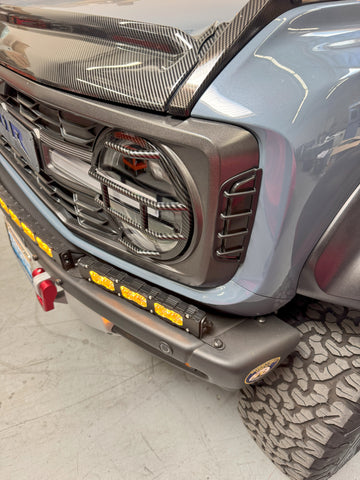 Ford Bronco Raptor Light Bar Extension for 2021+ showcases 12in PRO light bars installed on modular bumper with front bumper lighting and rugged off-road styling
