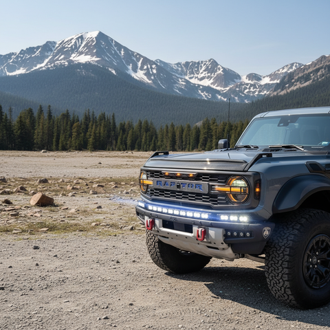 Bronco Raptor Lightbar kit on rugged Ford Bronco Raptor in mountain landscape featuring 40in curved LED light bar plus 12in extension, built-in sleek bumper mount