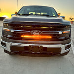 Ford F150 ditch lights on 2024+ hood mount with amber DRL backglow and white main LEDs for Ford F150 ditch lights