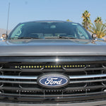 Ford F150 ditch lights installed on a 2024+ F150, hood mount with amber backglow and dual-function color