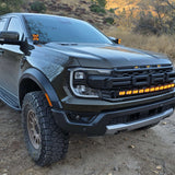 Ranger Raptor ditch lights highlight dual color white main LED with amber DRL backglow on Ford Ranger Raptor 2024+ model