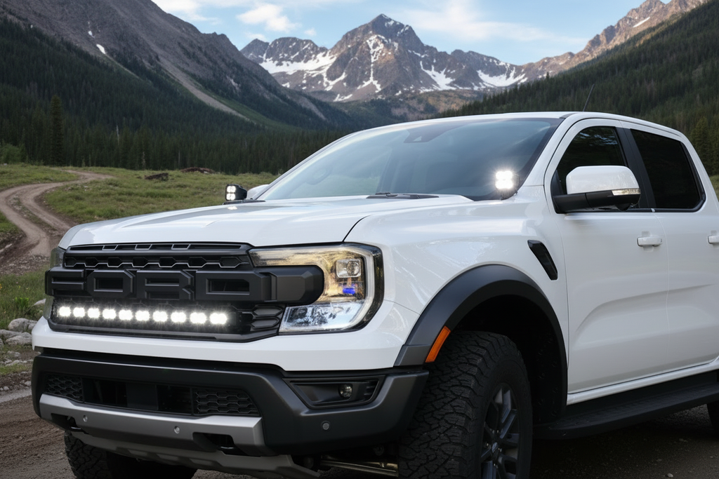 Ranger Raptor ditch lights on a white Ford Ranger Raptor with dual color white and amber DRL backglow during a mountain trip