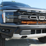 2024+ Ford Raptor ditch lights Gen 3 Refresh A-Pillars on front grille view with amber DRL and white LED dual-function lights