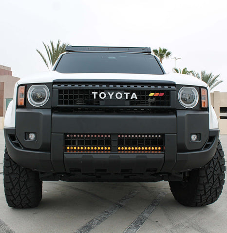 Land Cruiser light bar on 2024+ Toyota Land Cruiser front view with grille removed behind bumper