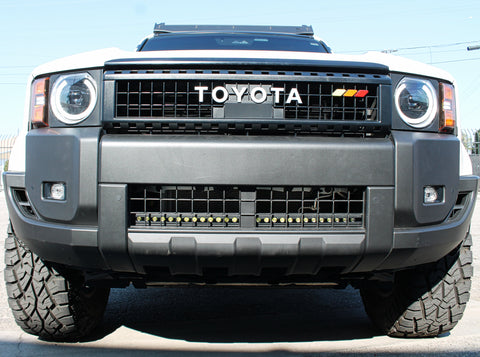 Land Cruiser lightbar on front of 2024+ Toyota Land Cruiser, installed behind lower grille with unobtrusive slim design