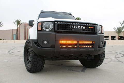 Land Cruiser light bar on 2024+ Toyota Land Cruiser front view with installed slim light bar behind bumper grille