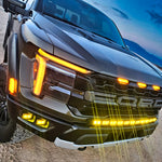 2024+ Ford F150 Raptor with Ford F150 Raptor Light Bar and amber LED lighting on standard bumper.