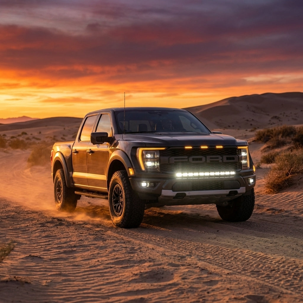 2024+ Ford F150 Raptor with LED light bar driving in the desert at sunset, showcasing Ford F150 Raptor Light Bar.