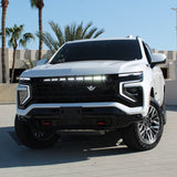 Chevrolet Tahoe Z71 40in SLIM curved LED light bar above the bow tie on a 2025+ Tahoe, front view