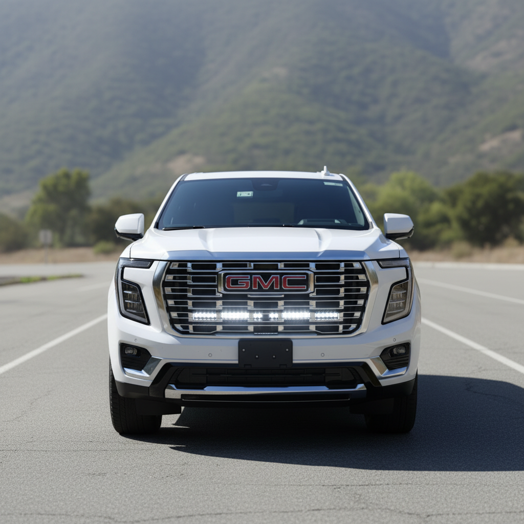 2025 white gmc yukon with led light bars behind grille for off roading