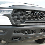 RAM RHO Lightbar on 2025+ RAM 1500 RHO with curved, slim bar following factory bumper curvature, black powder-coated bracket, no grille cutting required