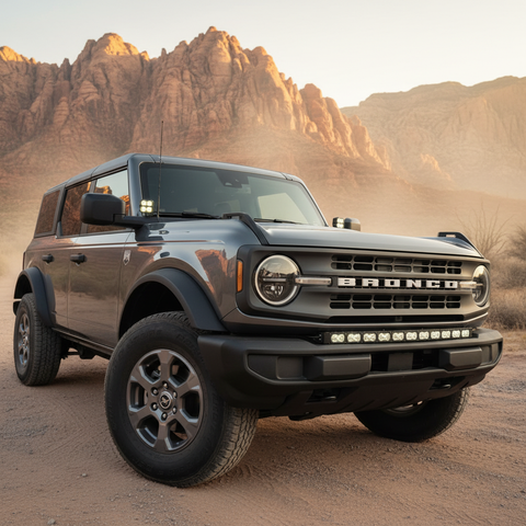gray 2021 ford bronco with off road light bar and ditch lights