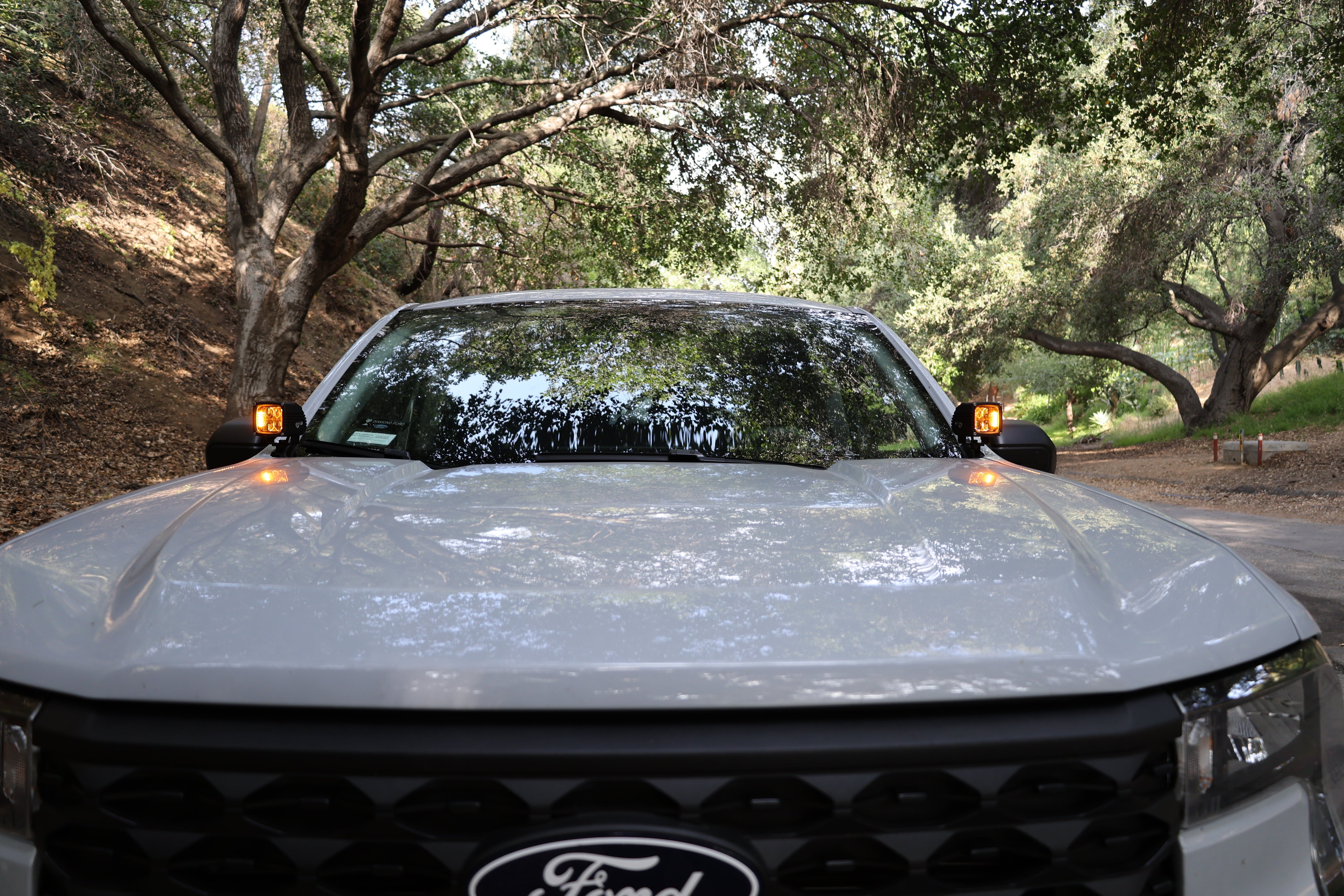 Ford Maverick Ditch Lights 2025+ amber dual color ditch lights illuminated on front mirrors in wooded road setting