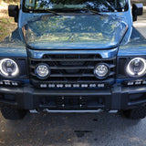 Ineos Grenadier XL 30in-plus-12in light bar kit mounted on the front bumper, unlit daytime front view