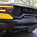 RAM TRX Light bar slim 23in curved LED installed in factory grille opening on 2021-2024 RAM 1500 TRX front bumper