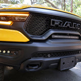 RAM TRX Light bar slim 23in curved LED installed in factory grille opening on 2021-2024 RAM 1500 TRX front bumper