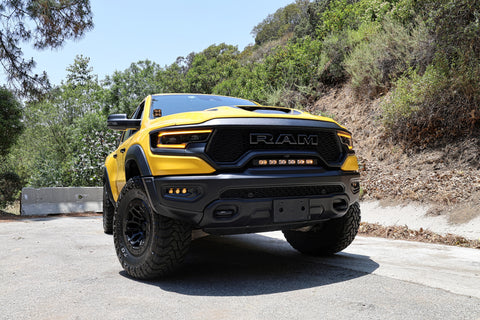 2021 yellow ram trx with m&r automotive off road ditch lights light bar and fog lights for off roading
