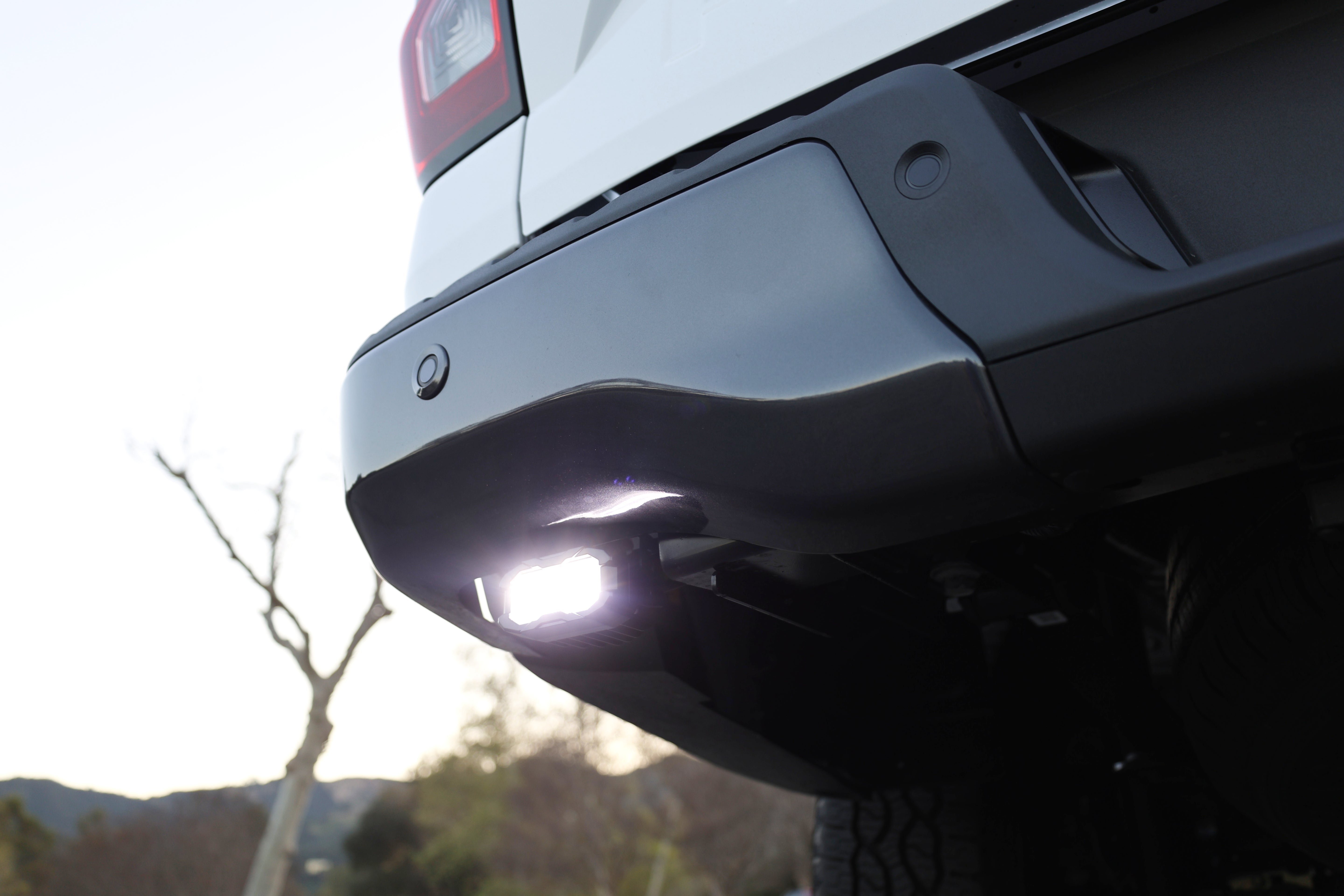 Ford Ranger LED reverse light kit on the rear bumper with both pods illuminated