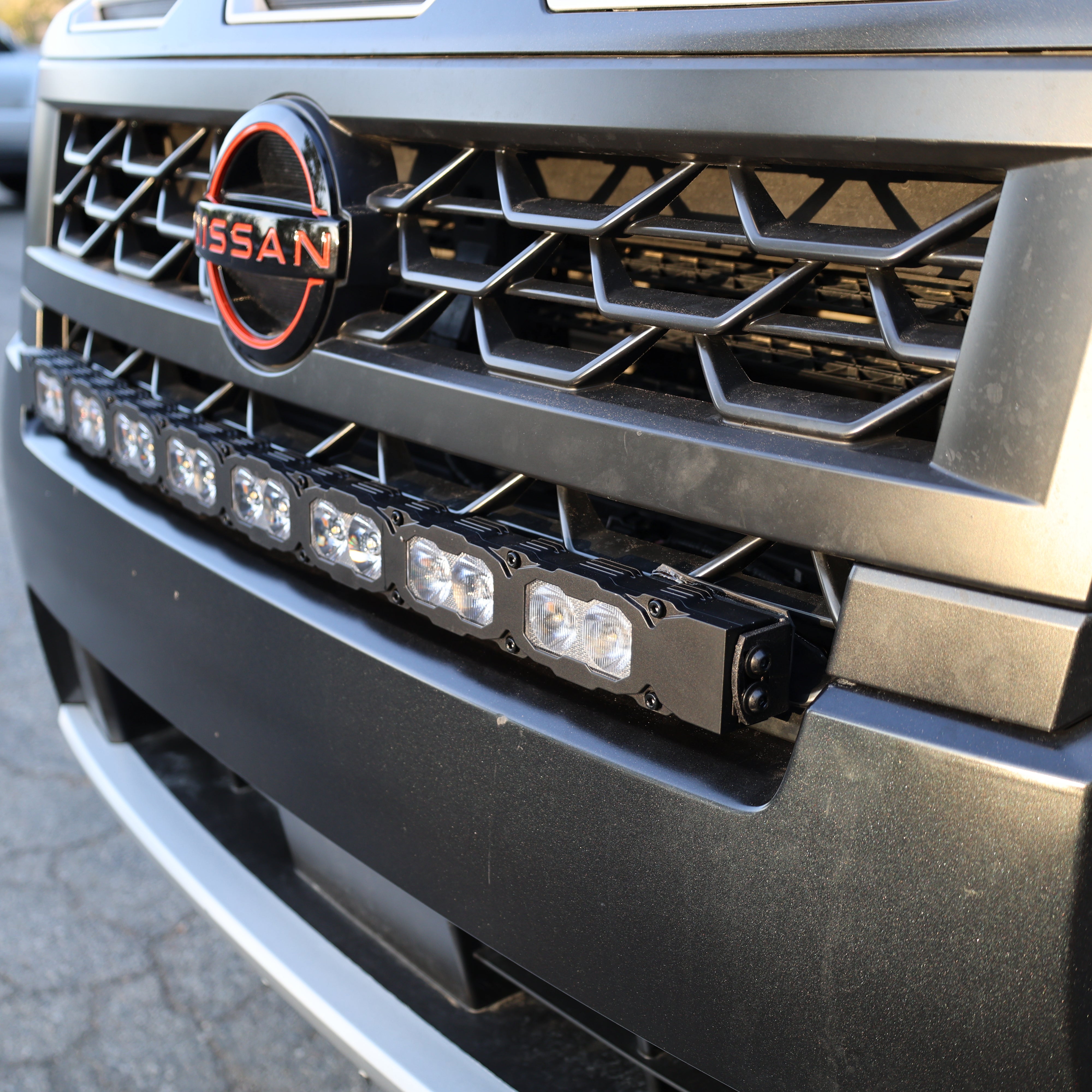 2025+ Nissan Frontier with the 30in PRO LED light bar, outdoor setting