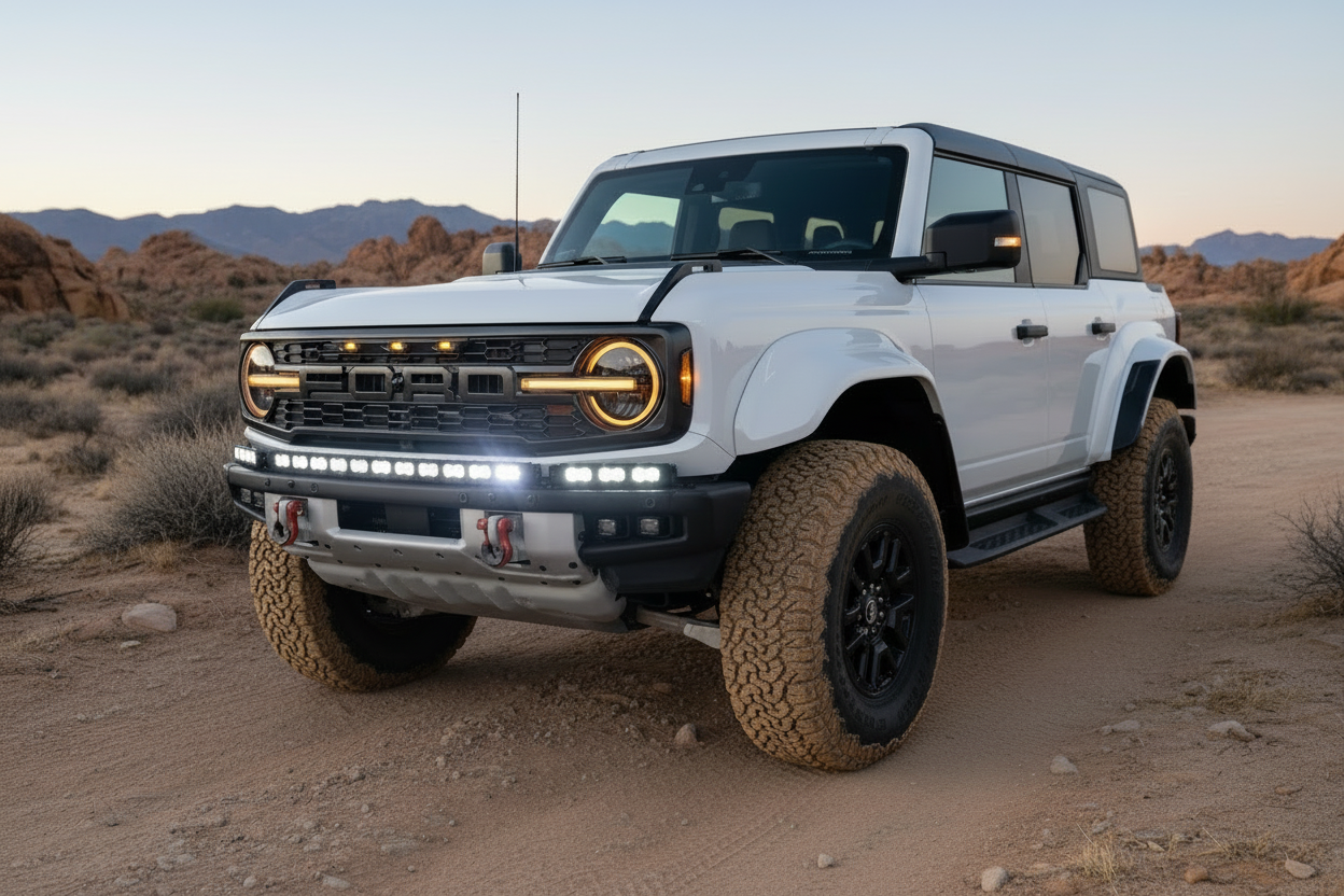 Bronco Raptor Lightbar kit - Ford Bronco Raptor with 40in curved LED light bar + 12in extension, slim bumper install, black powder-coated metal bracket