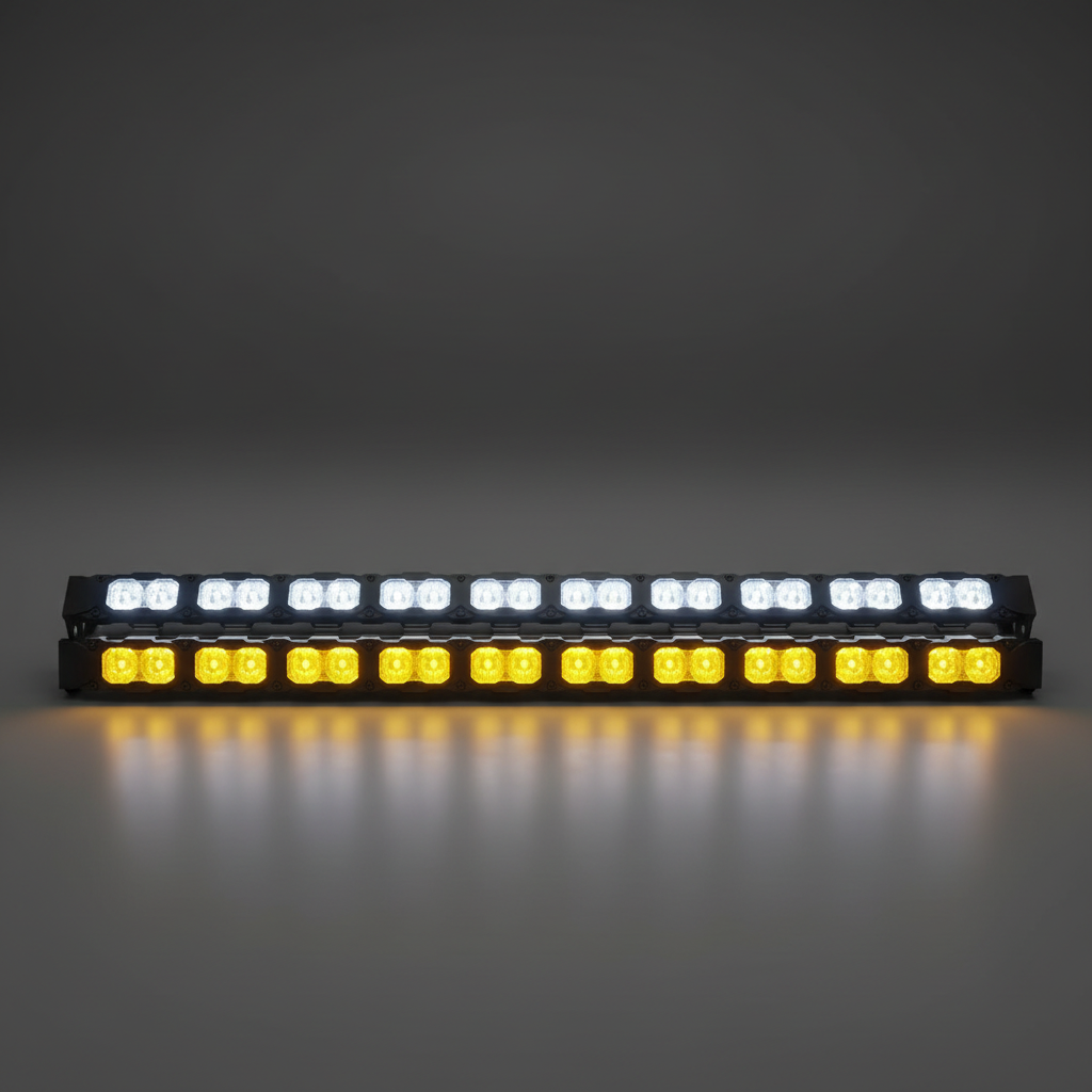 M&R Automotive 30in PRO LED light bar front view with white main beam and amber DRL backglow both lit