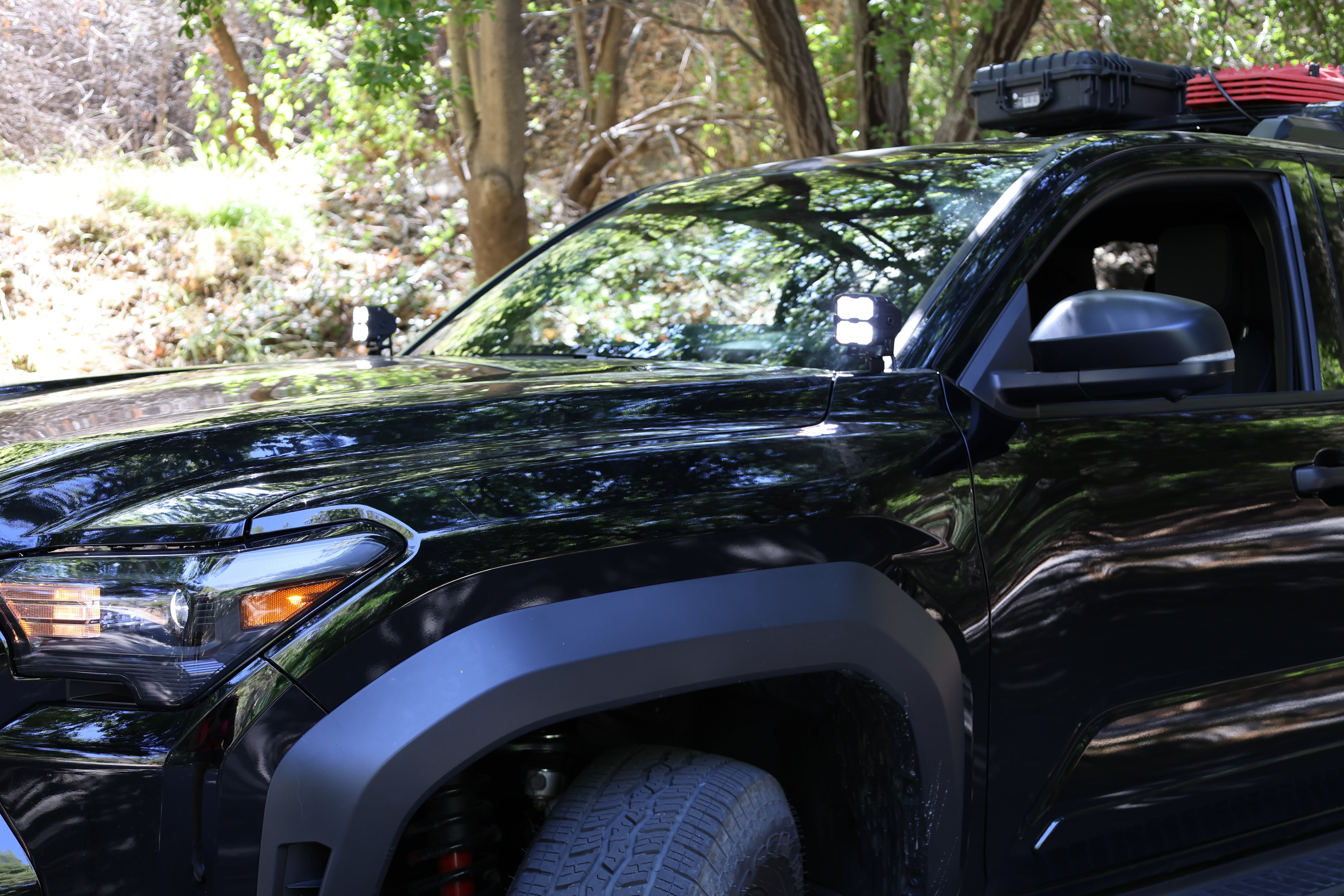 4Runner Ditch lights on 2025 Toyota 4Runner PRO with dual color amber DRL installed on black SUV in forest setting