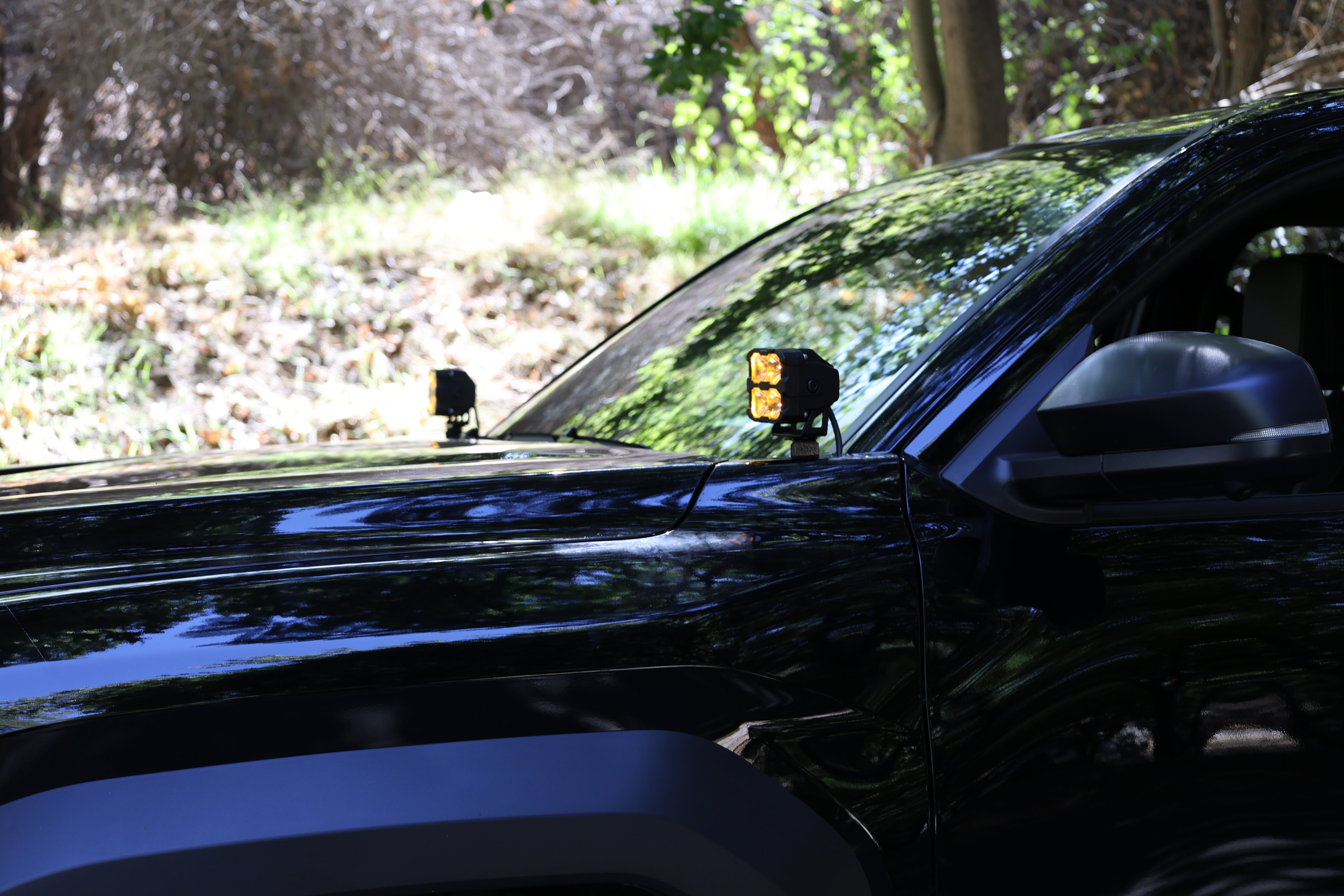 4Runner Ditch lights PRO mounted on 2025 Toyota 4Runner hood, dual color white and amber DRL off-road lighting
