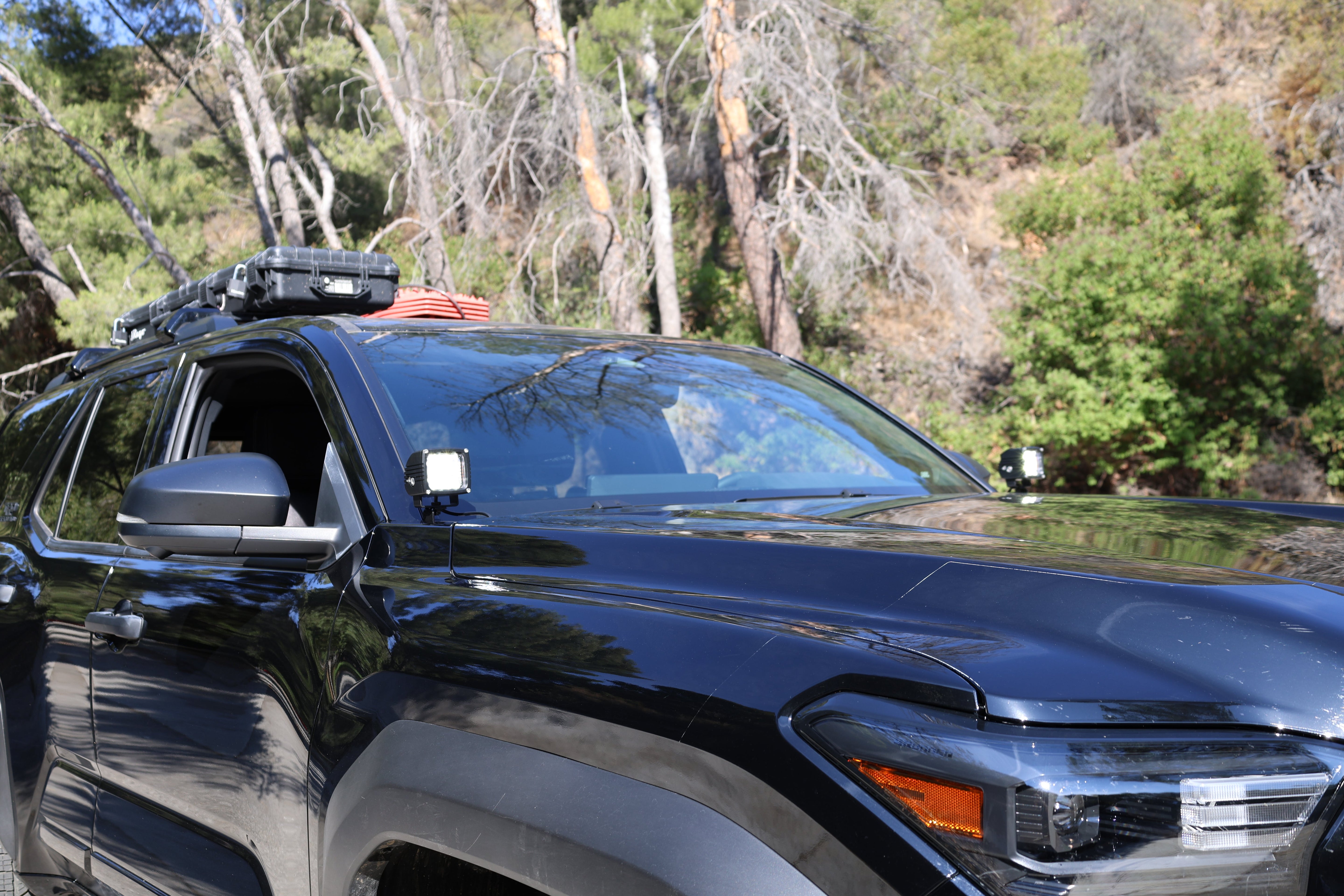 4Runner Ditch lights installed on 2025 Toyota 4Runner, dual color LED ditch lighting for off-road visibility in the mountains