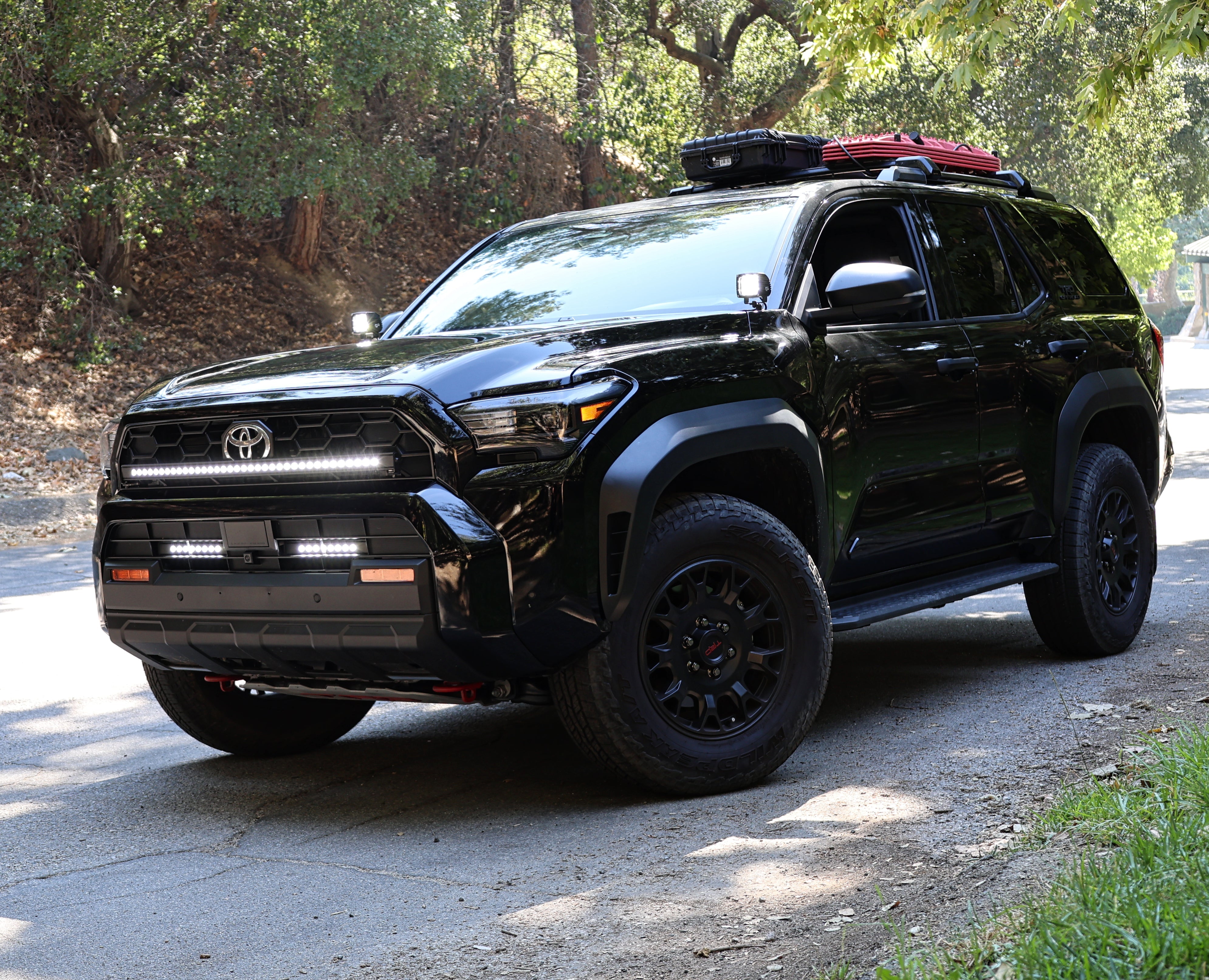 4Runner Light Bars installed on black 2025 Toyota 4Runner with 11in slim LED light bars on front bumper