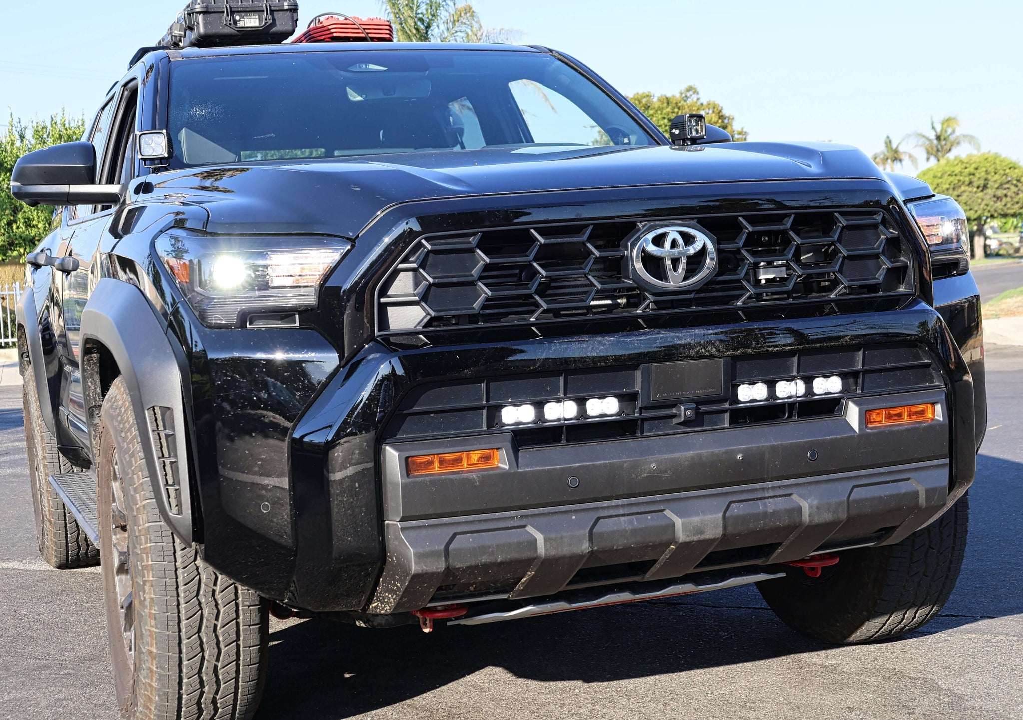 4Runner Light Bars installed on black 2025 Toyota 4Runner front bumper showing 11in PRO lower grille LED light bars