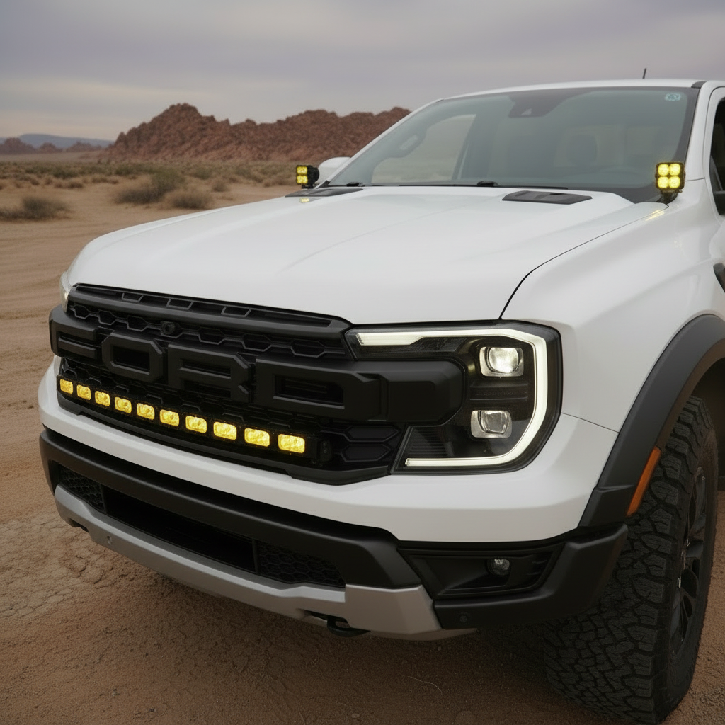 2024 white ranger raptor with yellow led off road light bar