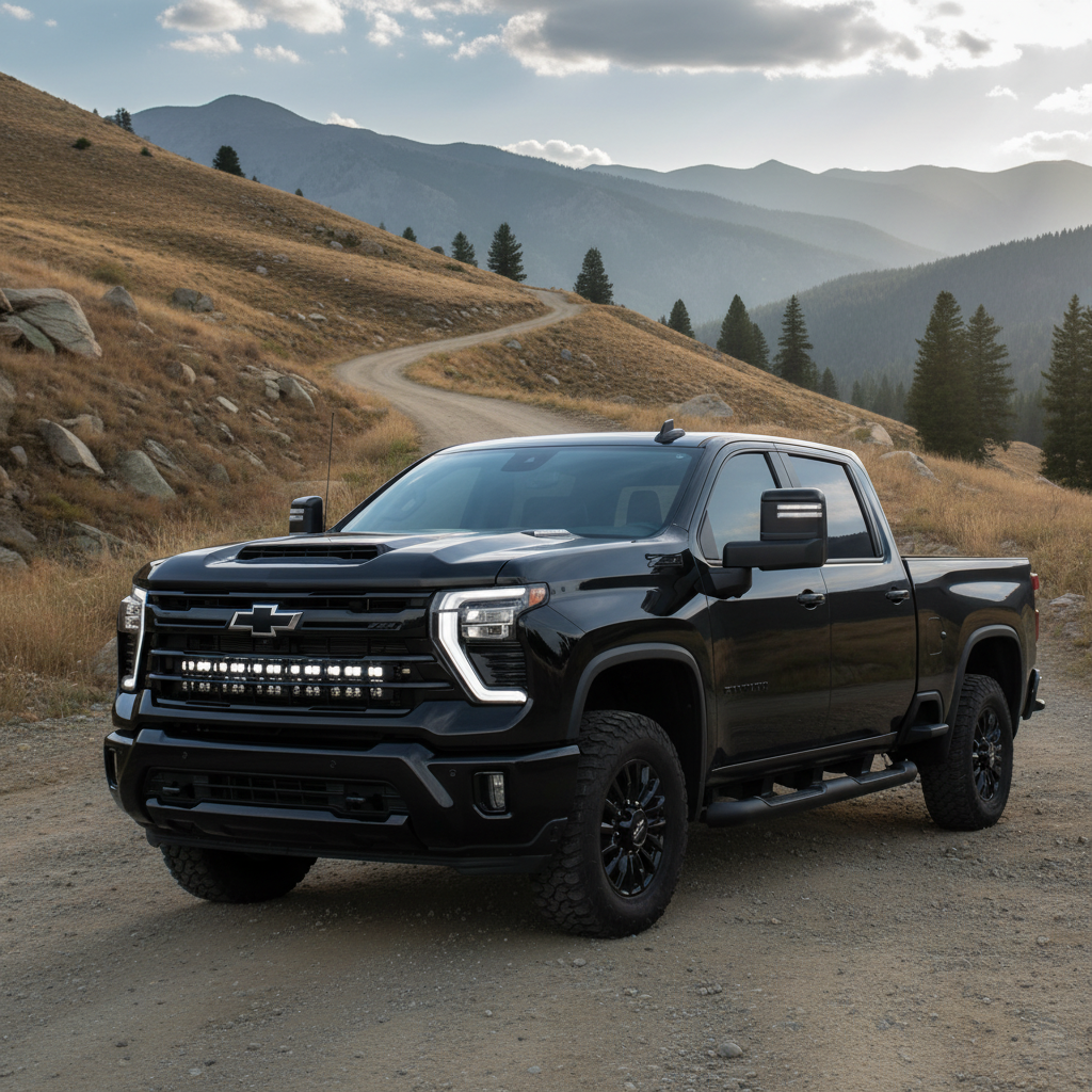 Silverado 2500 3500 light bar single 40in PRO mounted on 2020-2026 Chevrolet Silverado 2500HD truck on a mountain dirt road