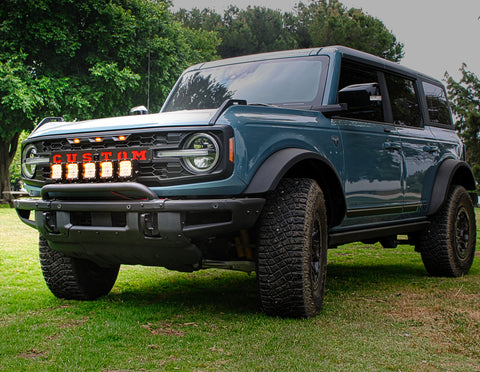 2021 2022 blue Ford Bronco with five amber 40watt light pods on front bullbar - M&R Automotive