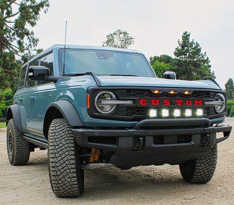 2021 2022 blue Ford Bronco with five white 40watt light pods on front bullbar - M&R Automotive