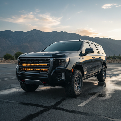 black 2024 gmc yukon with lights bar in the grille for off roading