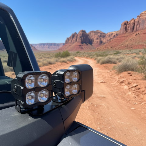 Bronco Raptor Ditch Lights on off-road vehicle with dual white LED and amber DRL glow in desert landscape