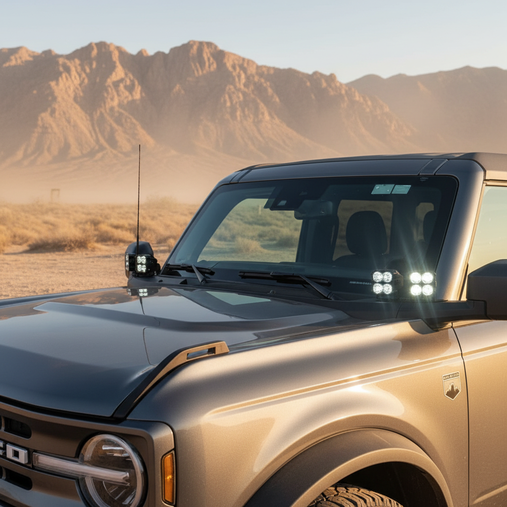 Bronco Raptor Ditch Lights - PRO on Ford Bronco Raptor with dual color white LED and amber DRL backglow in desert setting