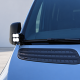 2019+ Mercedes Sprinter Ditch Lights PRO pod lit bright white at the base of the side mirror, close-up