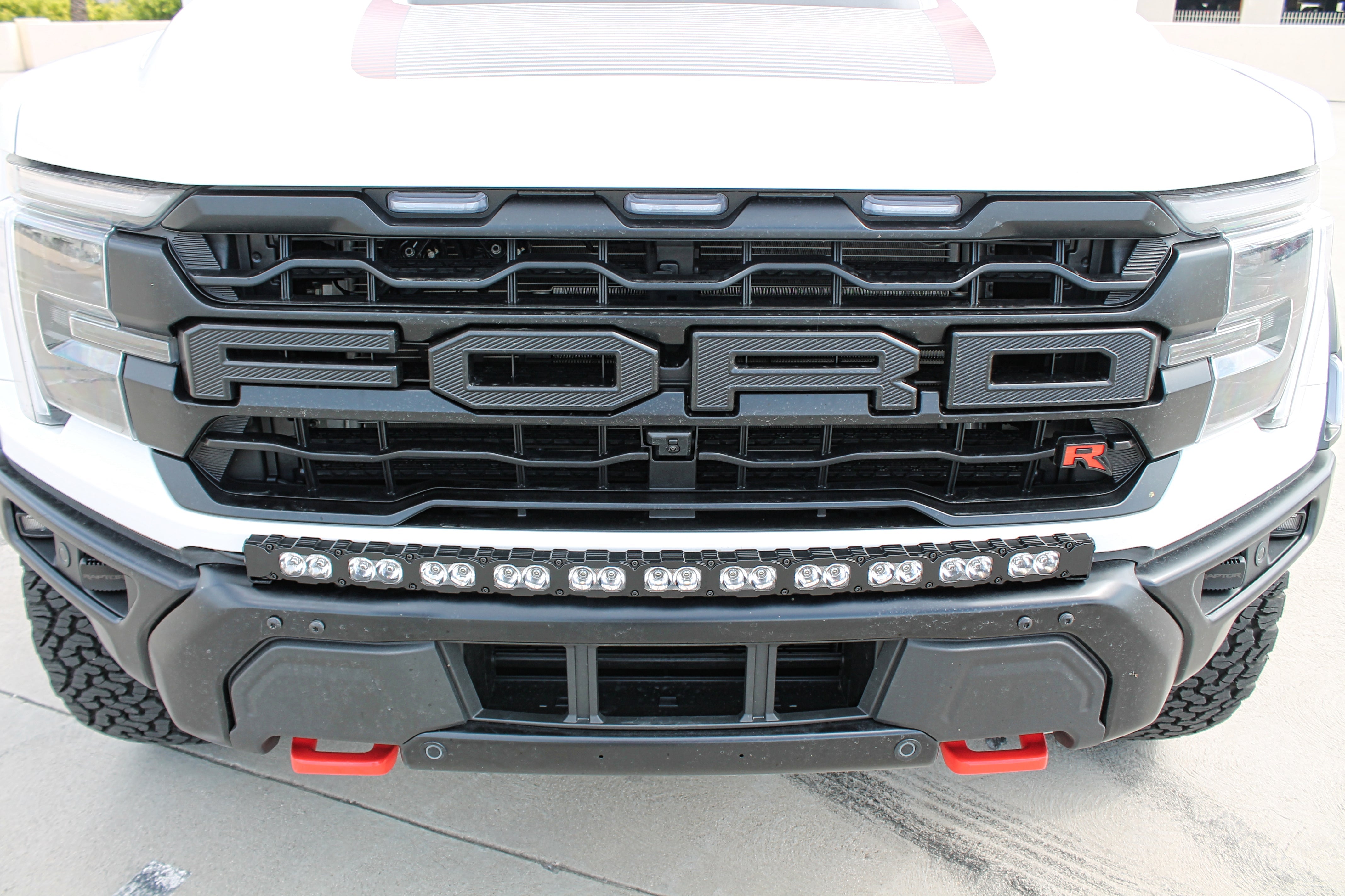 F150 Raptor Modular Bumper 40in Light Bar on Ford Raptor Gen 3 Refresh front grille with curved LED light bar