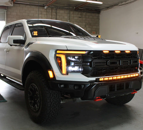 F150 Raptor Modular Bumper 40in Light Bar - PRO showcases 2024-2026 Ford Raptor Gen 3 with slim modular bumper and curved LED light bar
