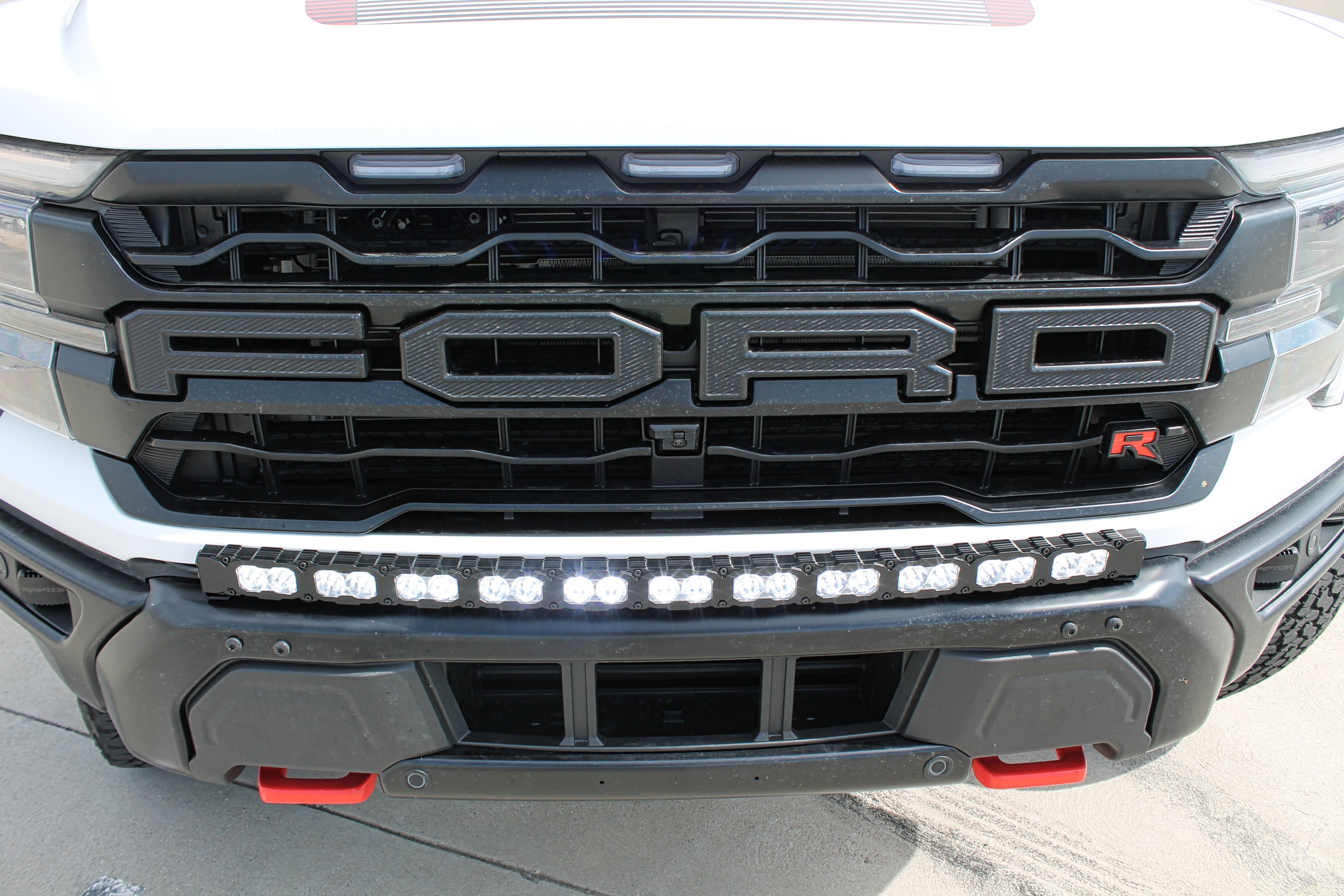F150 Raptor Modular Bumper 40in Light Bar - PRO on Gen 3 Refresh Front Grille with Ford lettering and slim built-in LED light bar