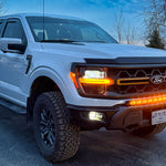 F150 Tremor Modular Bumper 40in Light Bar - PRO installed on white Ford F-150 Tremor with modular bumper, curved LED light bar, built-in look, no grille removal