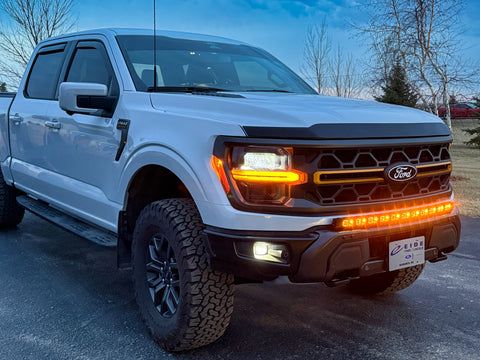 F150 Tremor Modular Bumper 40in Light Bar - PRO installed on white Ford F-150 Tremor with modular bumper, curved LED light bar, built-in look, no grille removal