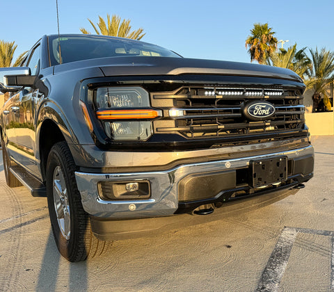 2024+ Ford F150 LightBar image of a Ford F-150 with a front grille and light bar, no cutting or drilling, bolt-on install for 2024-2026 Ford F150, grille removal required