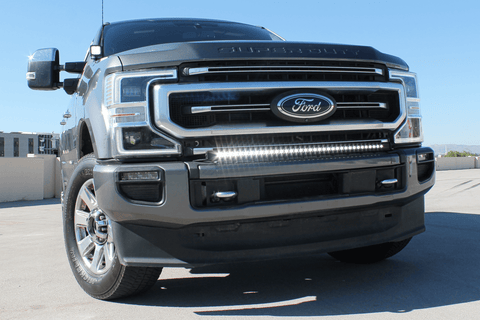 Ford Super Duty light bar fits 2020-2022 F250/F350/F450; slim curved light bar mounted below bumper on Ford Super Duty pickup